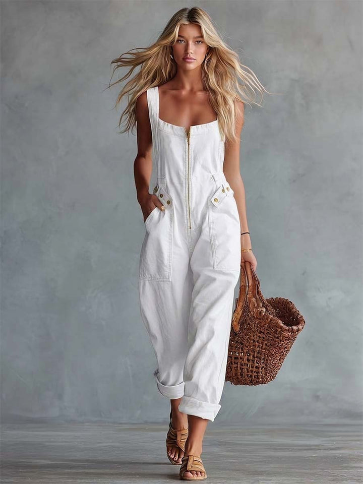 Light Yellow Washed Denim Jumpsuit with Square Neckline and Front Zipper