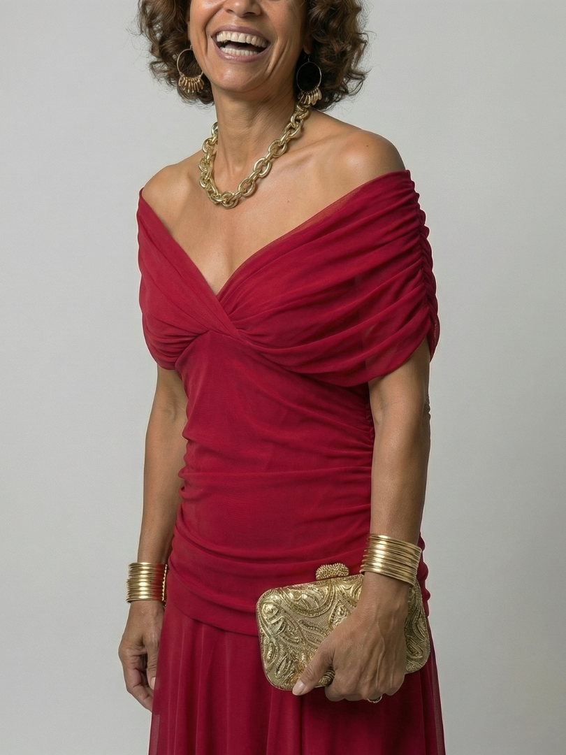 Off Shoulder Midi Dress with Draped Neckline and Flared Skirt