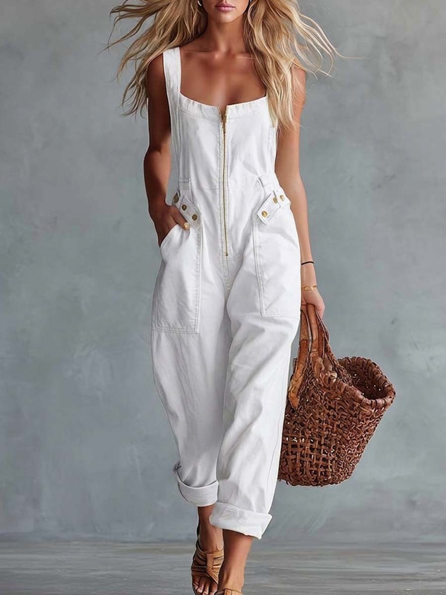 Light Yellow Washed Denim Jumpsuit with Square Neckline and Front Zipper