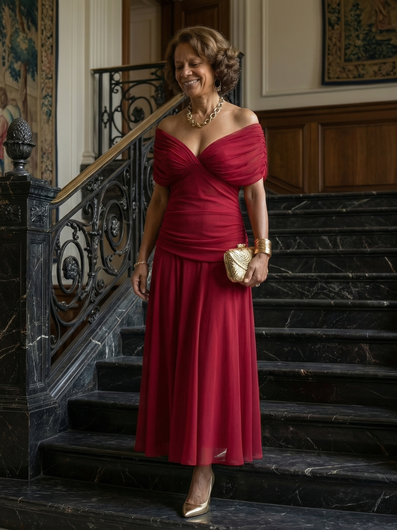 Off Shoulder Midi Dress with Draped Neckline and Flared Skirt