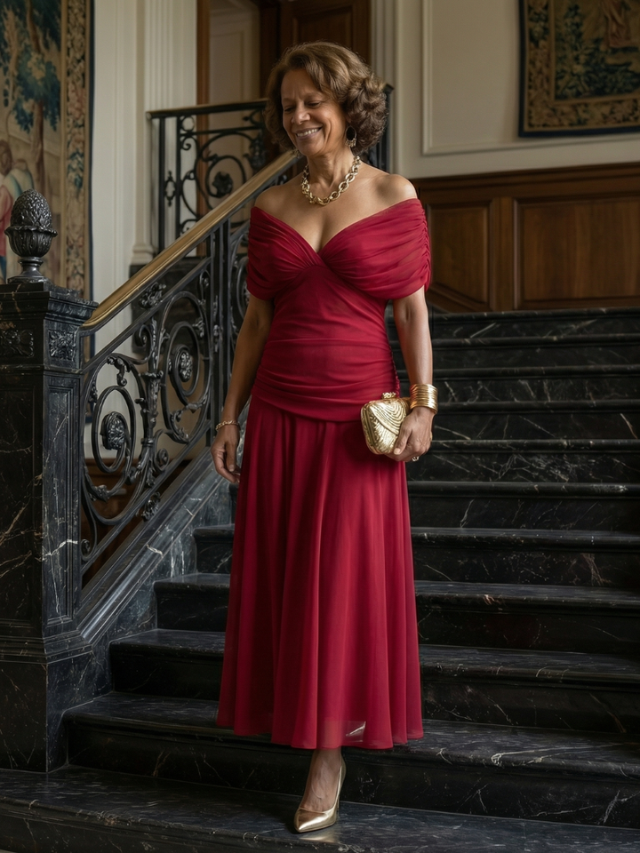 Off Shoulder Midi Dress with Draped Neckline and Flared Skirt