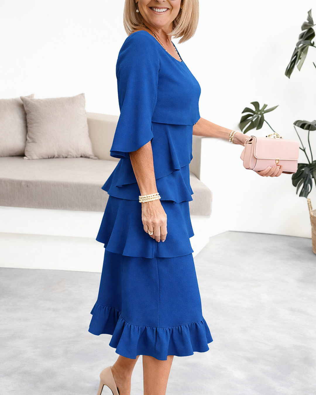 A-Line Tiered Ruffle Dress with Short Sleeves and Rounded Neckline