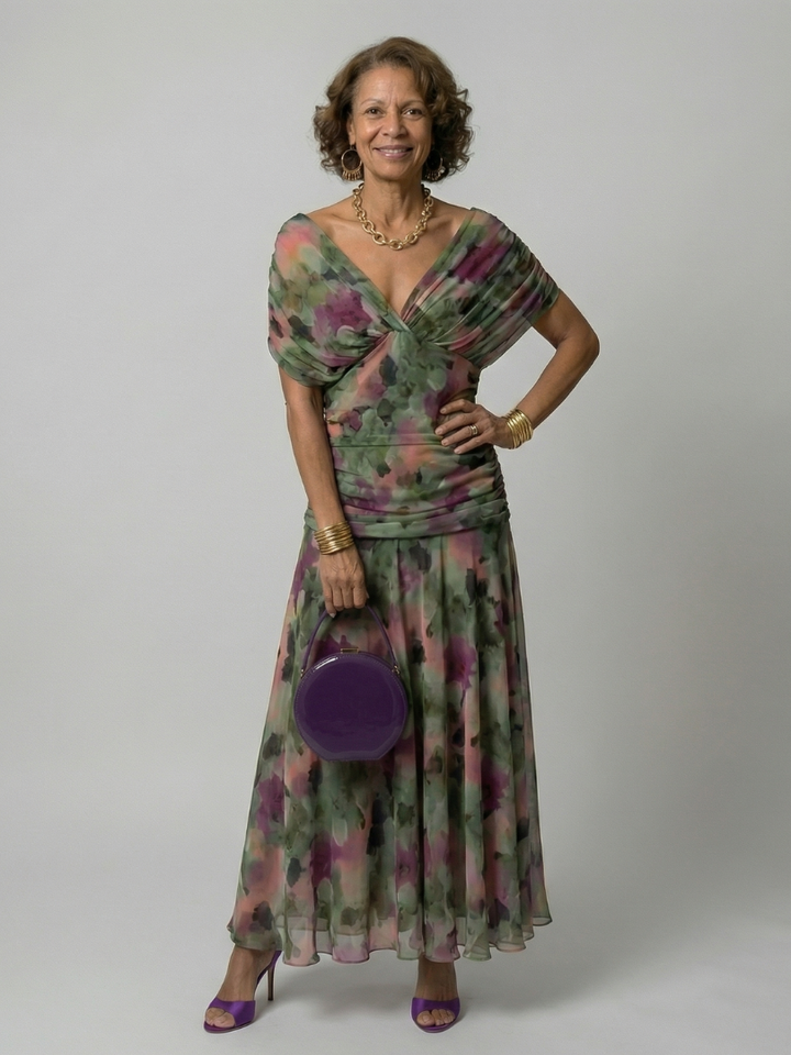 Off Shoulder Midi Dress with Draped Neckline and Flared Skirt
