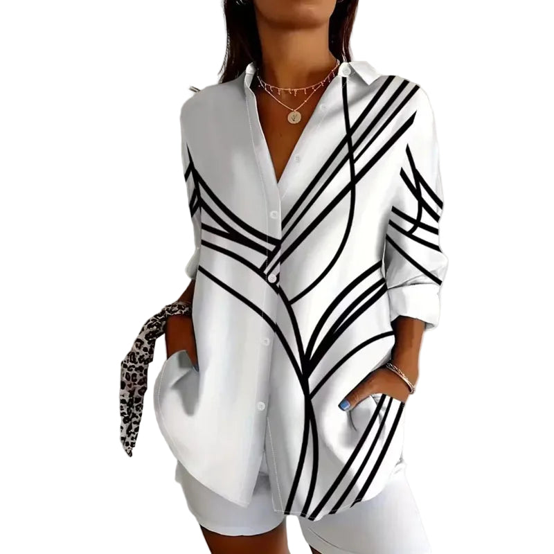Printed Cotton-Polyester Blouse with Turn-Down Collar and Long Sleeves