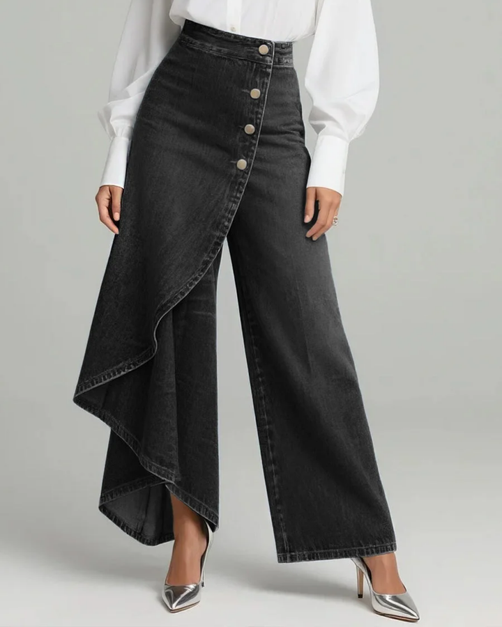 Wrap-Style Denim Trousers with Flexible Drape and Versatile Wash
