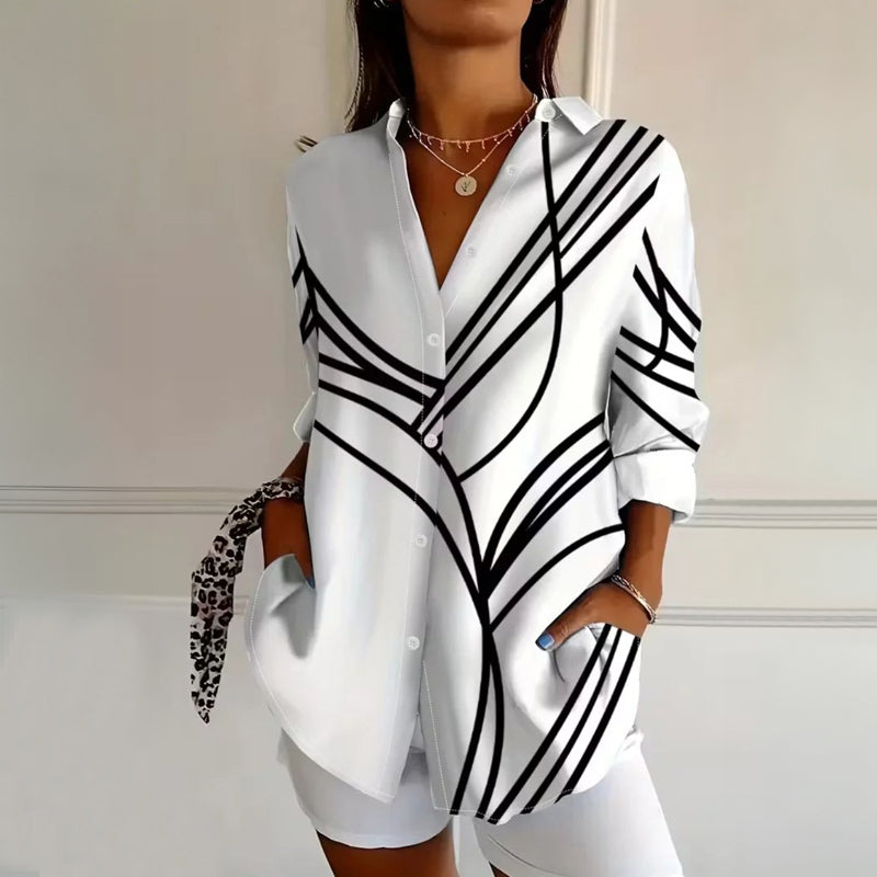 Printed Long Sleeve Blouse with Turn-Down Collar and Button Closures