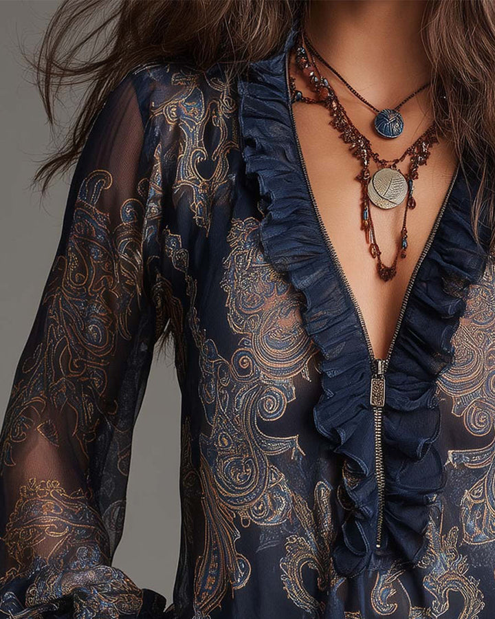 Printed Cotton Blend Blouse with Ruffle Sleeves and Demi-Zip V-Neck