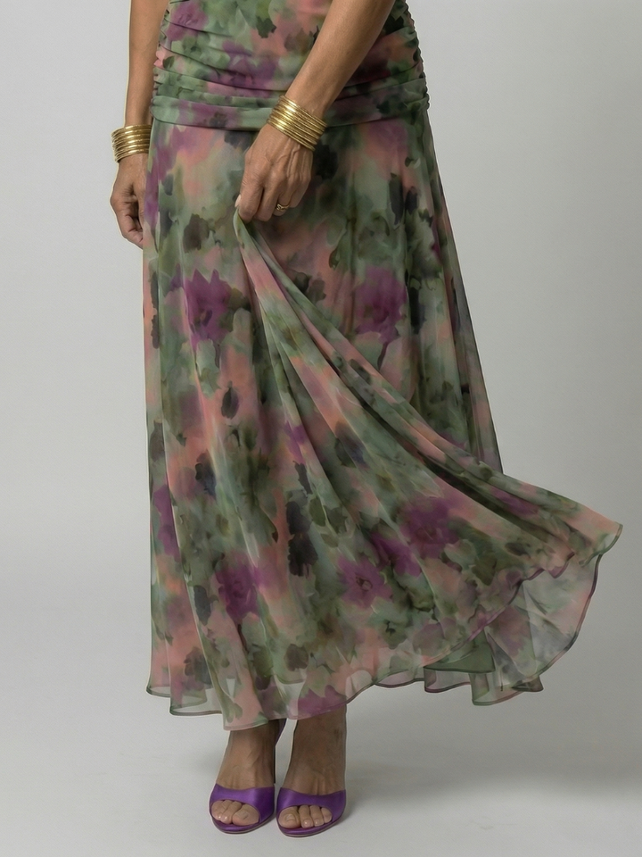 Off Shoulder Midi Dress with Draped Neckline and Flared Skirt