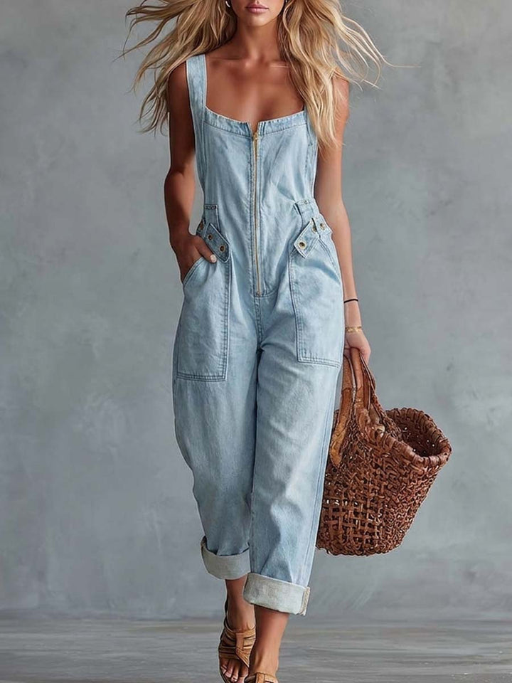 Light Yellow Washed Denim Jumpsuit with Square Neckline and Front Zipper