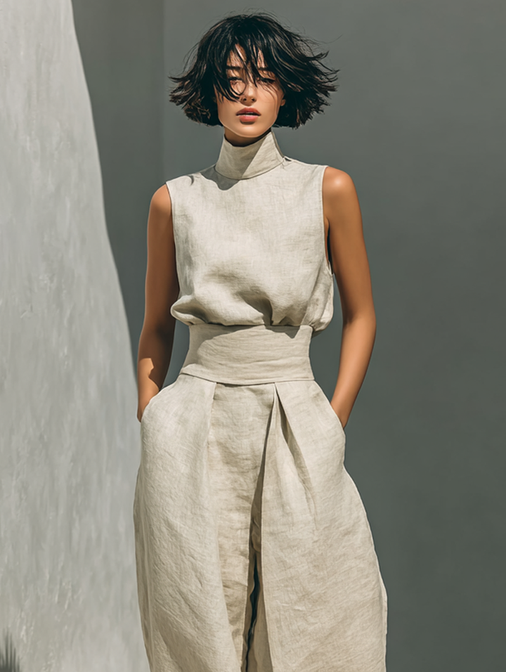 Women's Tank Top and Wide-Leg Pants Set with Cotton Linen Blend