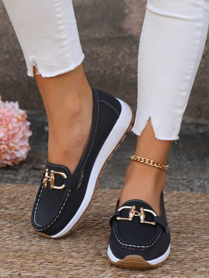 Slip-On Loafers with Metal Buckle Detail and Rounded Toe, Flat Wedge Sole