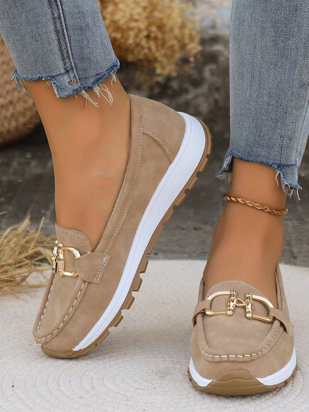 Slip-On Loafers with Metal Buckle Accent and Rubber Sole, Breathable Design