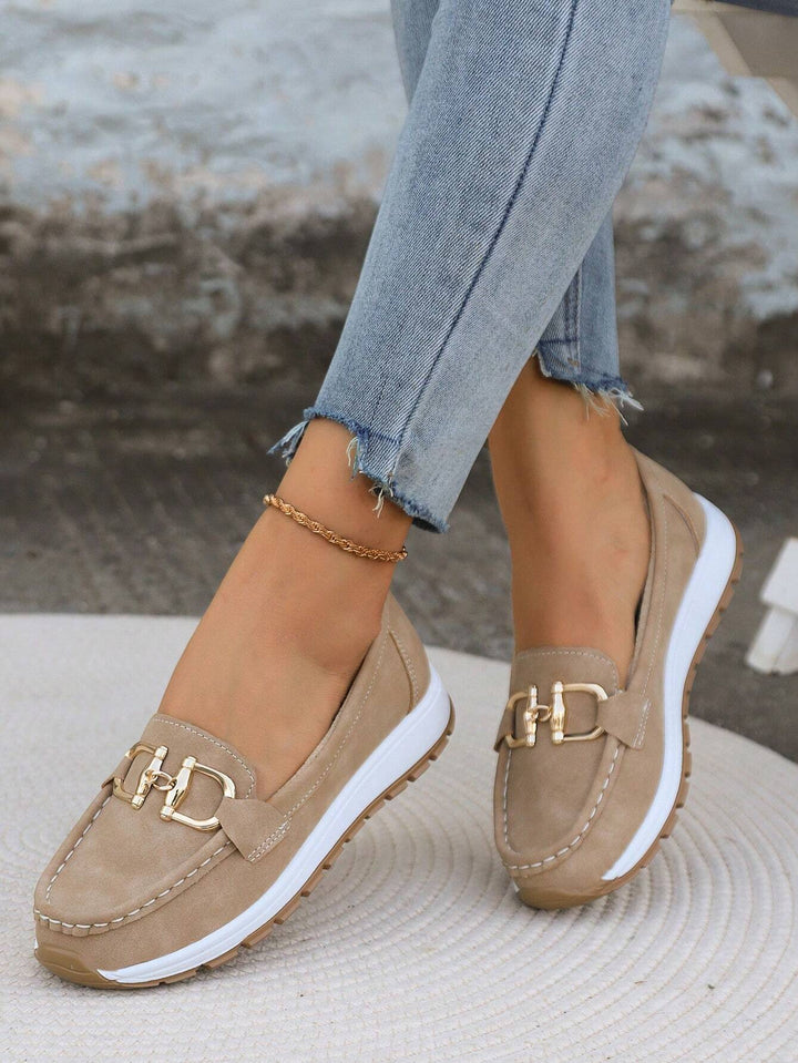 Slip-On Loafers with Metal Buckle Accent and Rubber Sole, Breathable Design