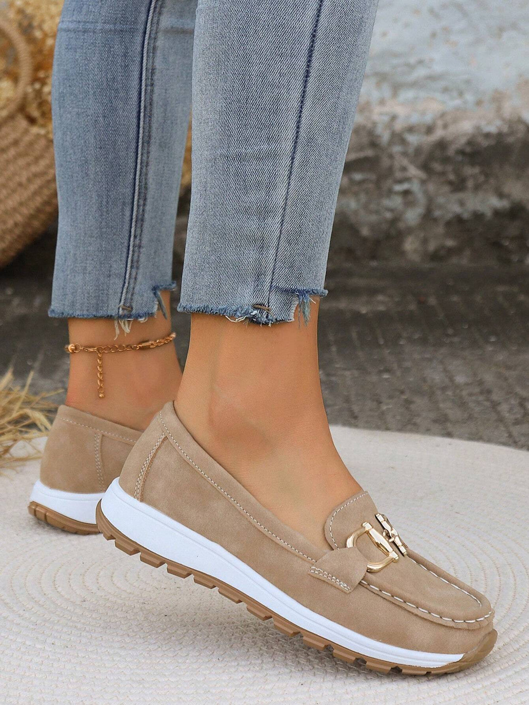 Slip-On Loafers with Metal Buckle Accent and Rubber Sole, Breathable Design