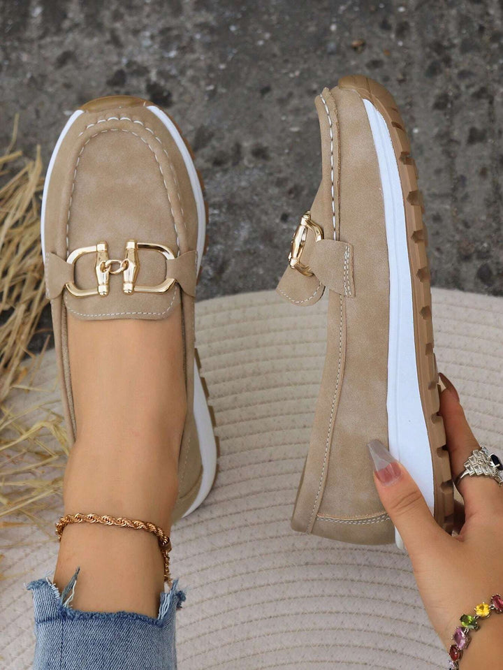 Slip-On Loafers with Metal Buckle Accent and Rubber Sole, Breathable Design