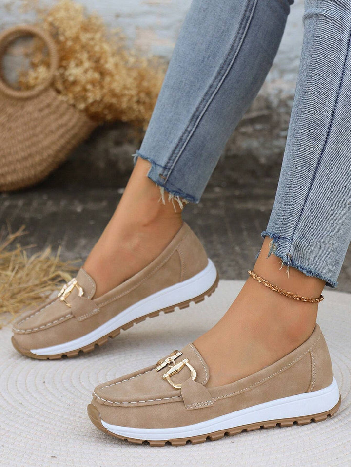 Slip-On Loafers with Metal Buckle Detail and Rounded Toe, Flat Wedge Sole