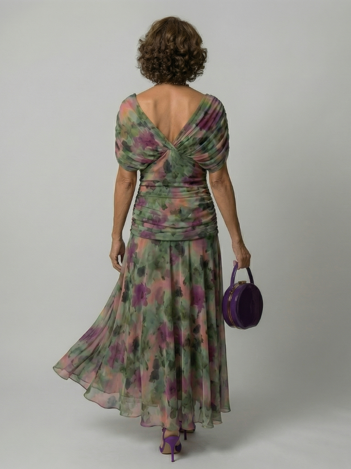 Off Shoulder Midi Dress with Draped Neckline and Flared Skirt