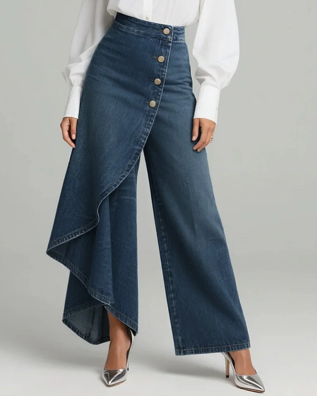 Wrap-Style Denim Trousers with Flexible Drape and Versatile Wash