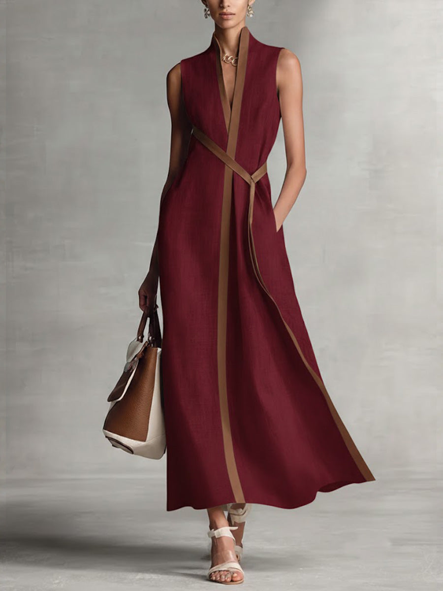 Wrap Maxi Dress with Adjustable Tie Closure and Contrast Trim, Side Pockets