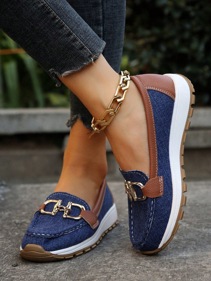 Slip-On Loafers with Metal Buckle Detail and Rounded Toe, Flat Wedge Sole