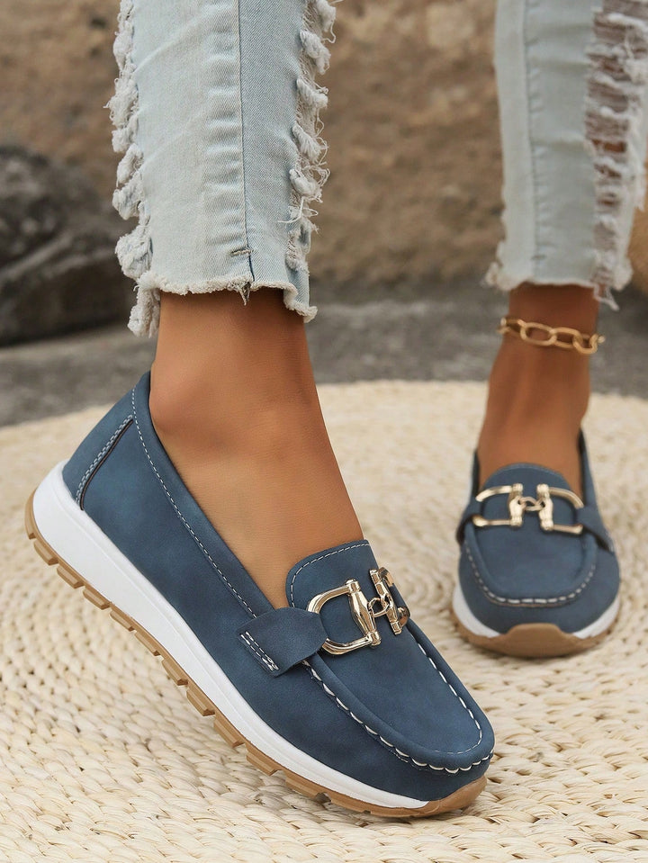 Slip-On Loafers with Metal Buckle Accent and Rubber Sole, Breathable Design