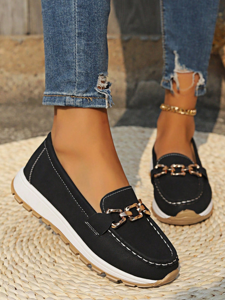 Slip-On Loafers with Metal Buckle Detail and Rounded Toe, Flat Wedge Sole