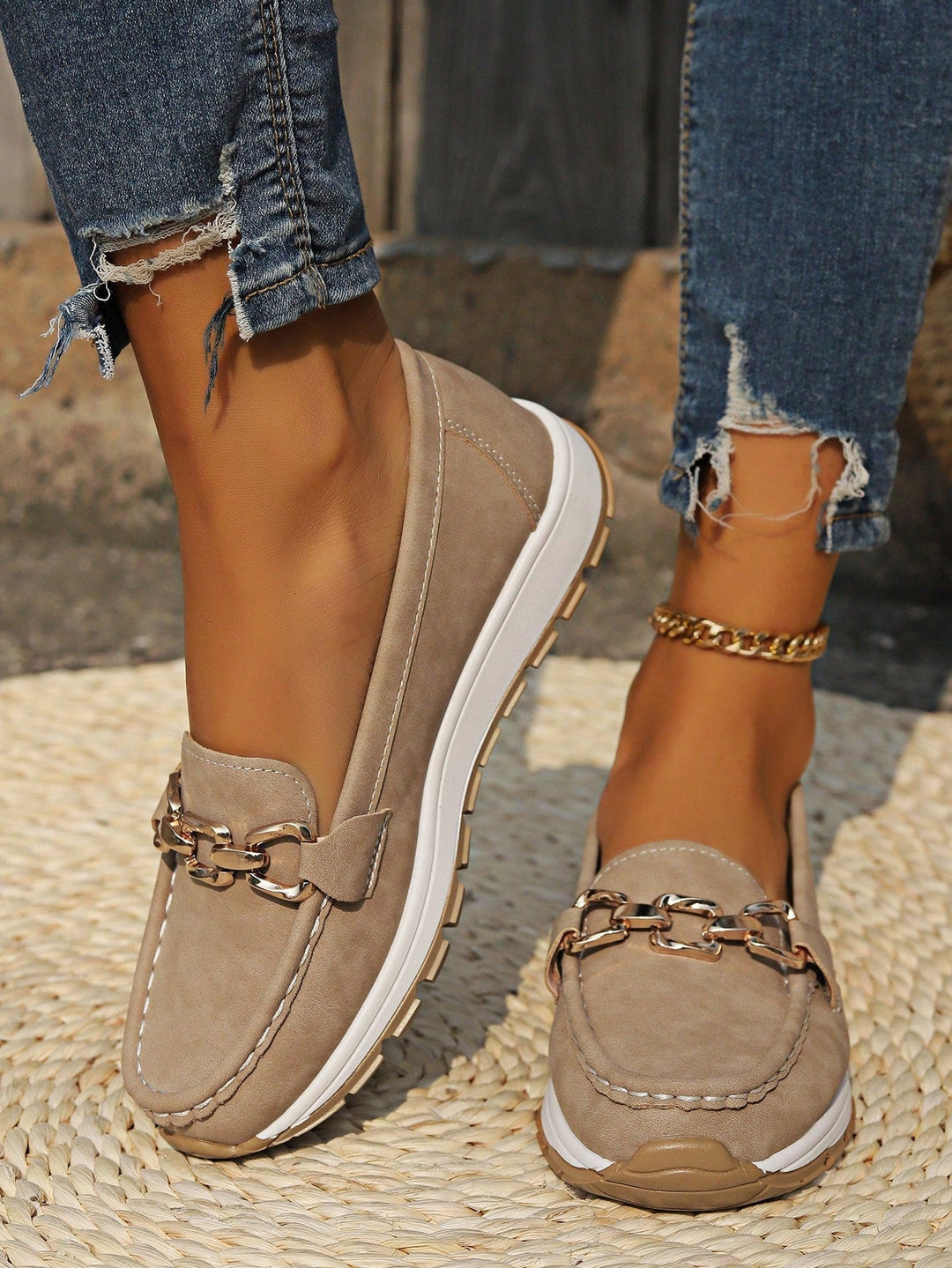 Slip-On Loafers with Metal Buckle Accent and Rubber Sole, Breathable Design
