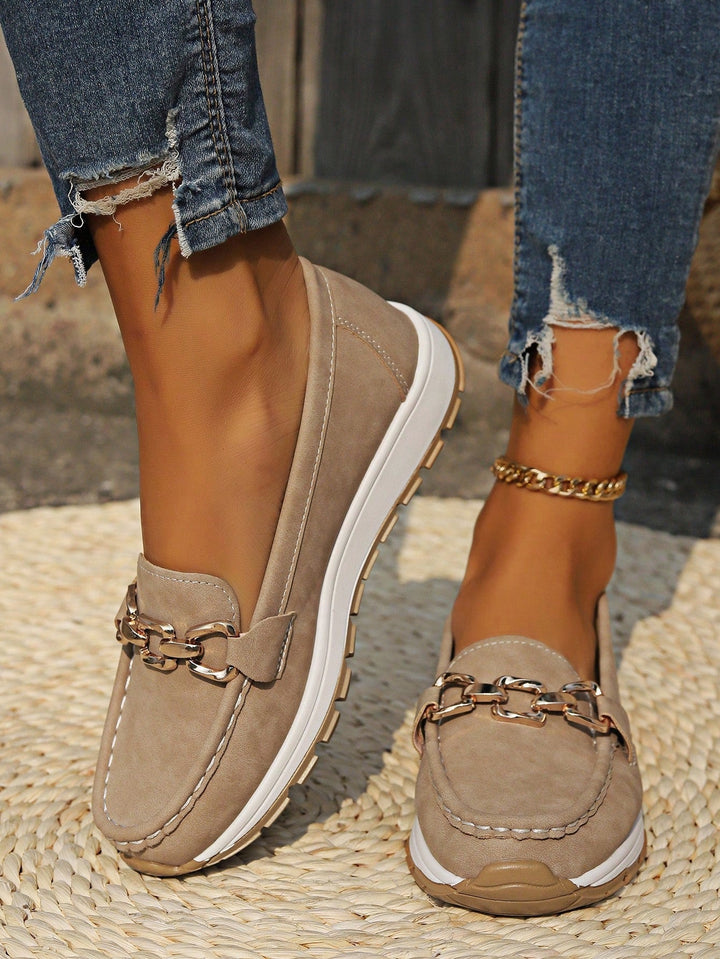 Slip-On Loafers with Metal Buckle Accent and Rubber Sole, Breathable Design