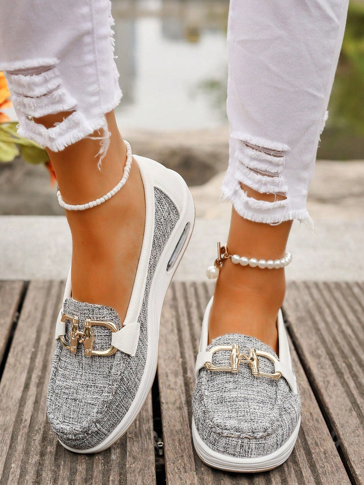 Slip-On Loafers with Metal Buckle Detail and Rounded Toe, Flat Wedge Sole