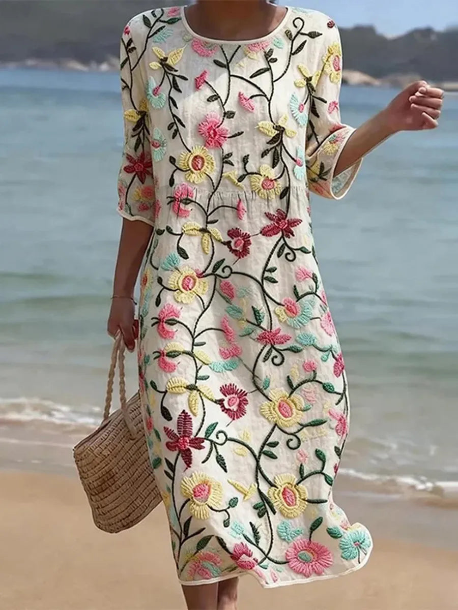 Vintage Floral Embroidered Dress with Breathable Fabric and Relaxed Silhouette