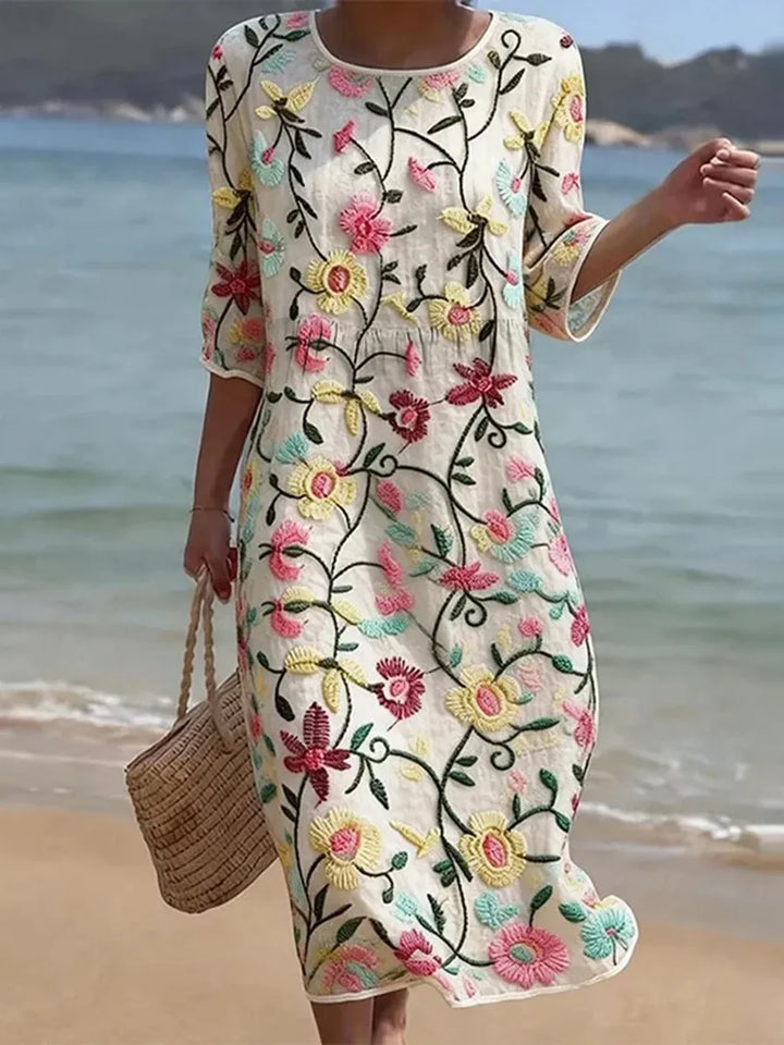 Vintage Floral Embroidered Dress with Breathable Fabric and Relaxed Silhouette
