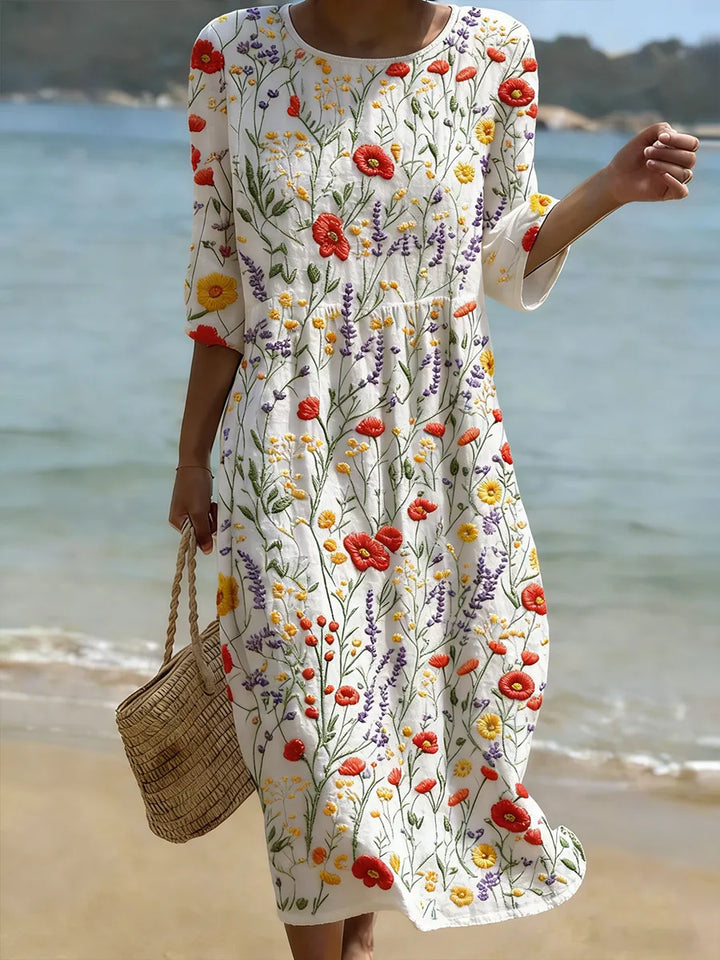 Vintage Floral Embroidered Dress with Breathable Fabric and Relaxed Silhouette