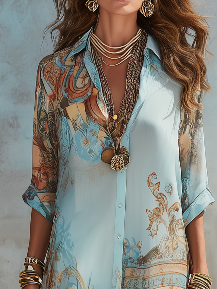 Blue Print Midi Shirt Dress with Self-Tie Belt and Roll-Up Sleeves