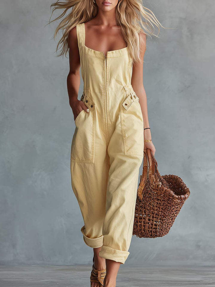 Light Yellow Washed Denim Jumpsuit with Square Neckline and Front Zipper