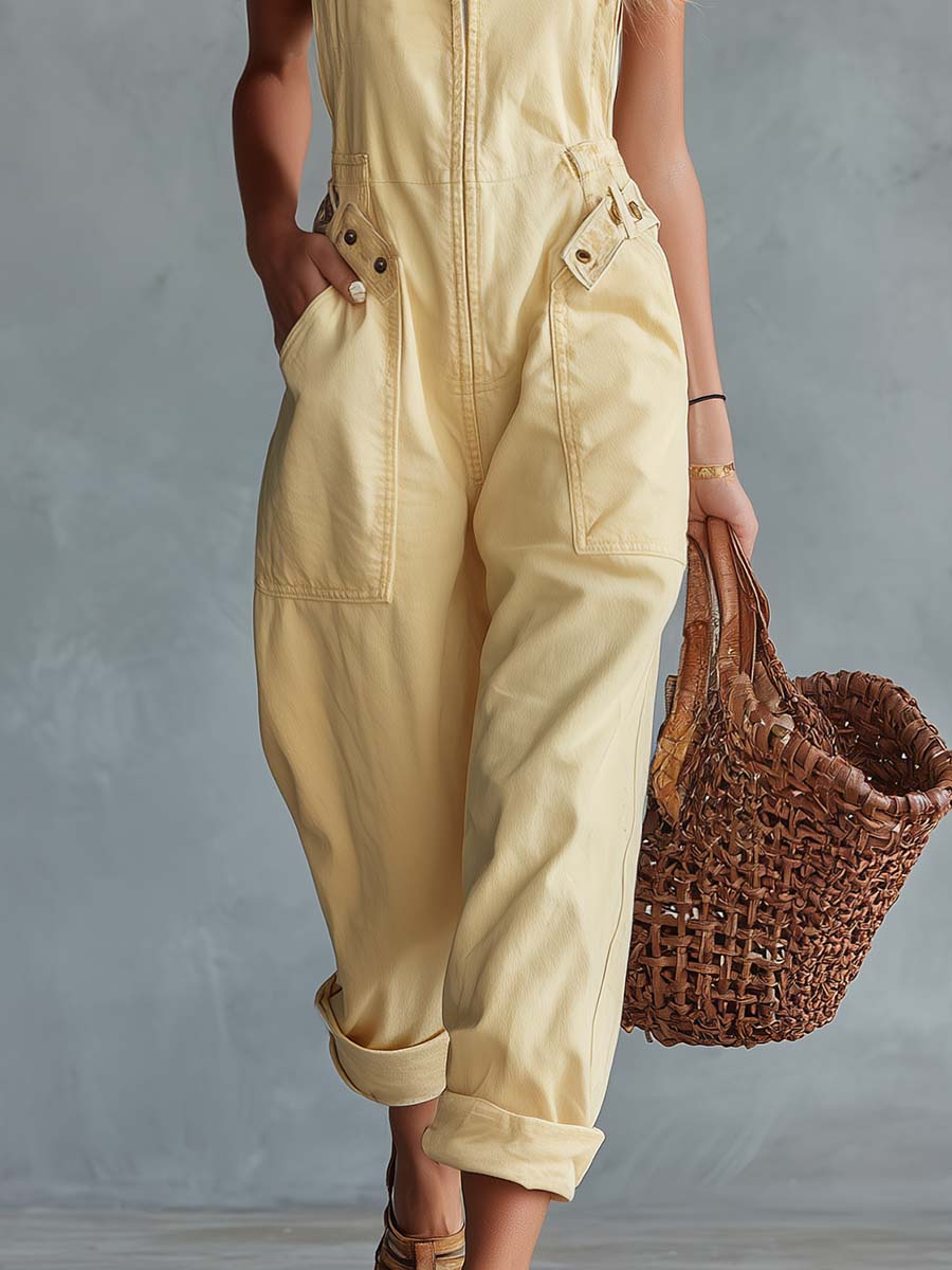 Light Yellow Washed Denim Jumpsuit with Square Neckline and Front Zipper
