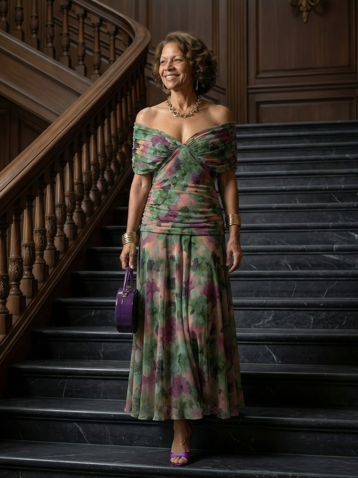 Off Shoulder Midi Dress with Draped Neckline and Flared Skirt