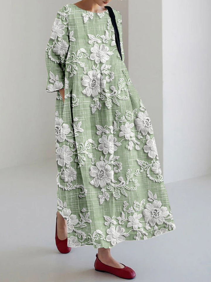 Floral Print Maxi Dress with Three-Quarter Sleeves and Flowing Silhouette