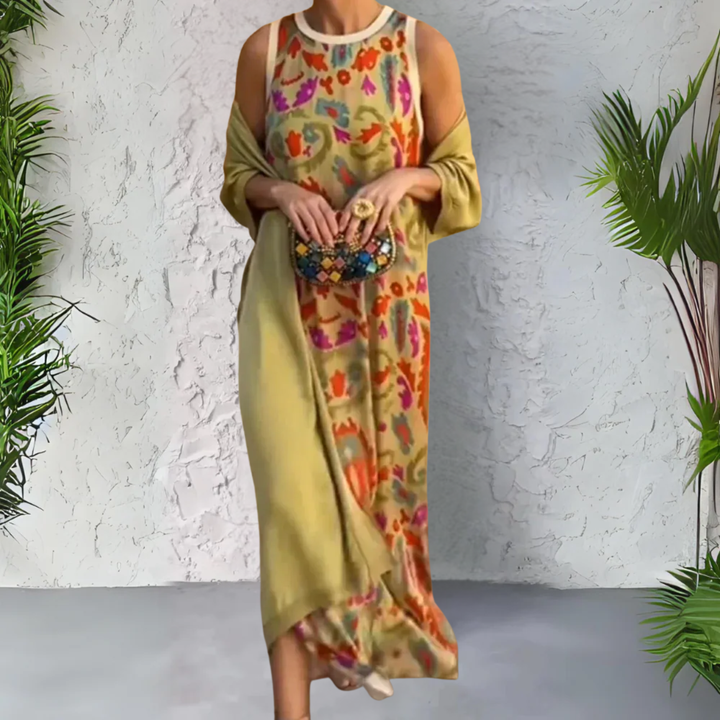Sleeveless Maxi Dress with Bohemian Pattern and Two-Piece Set