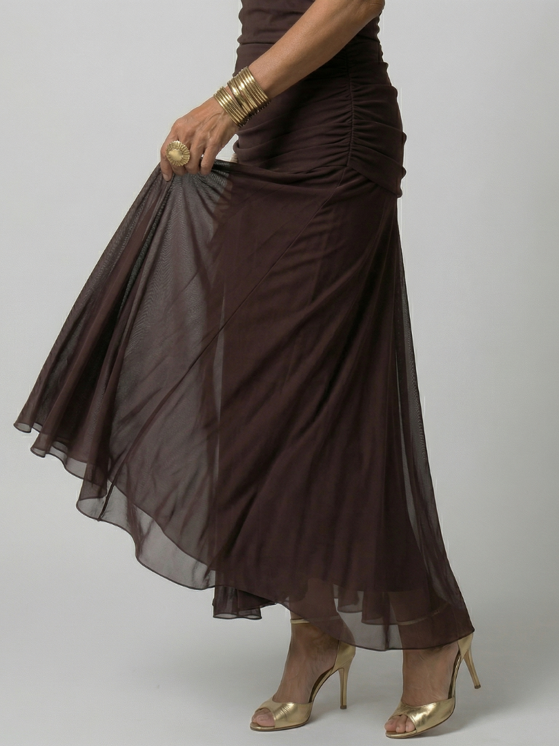 Off Shoulder Midi Dress with Draped Neckline and Flared Skirt