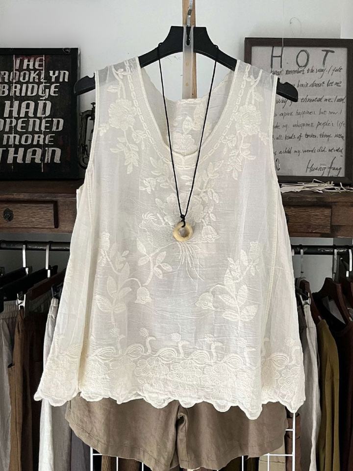 Women's 3/4 Sleeve Shirt with Cotton Linen Blend and Round Neckline