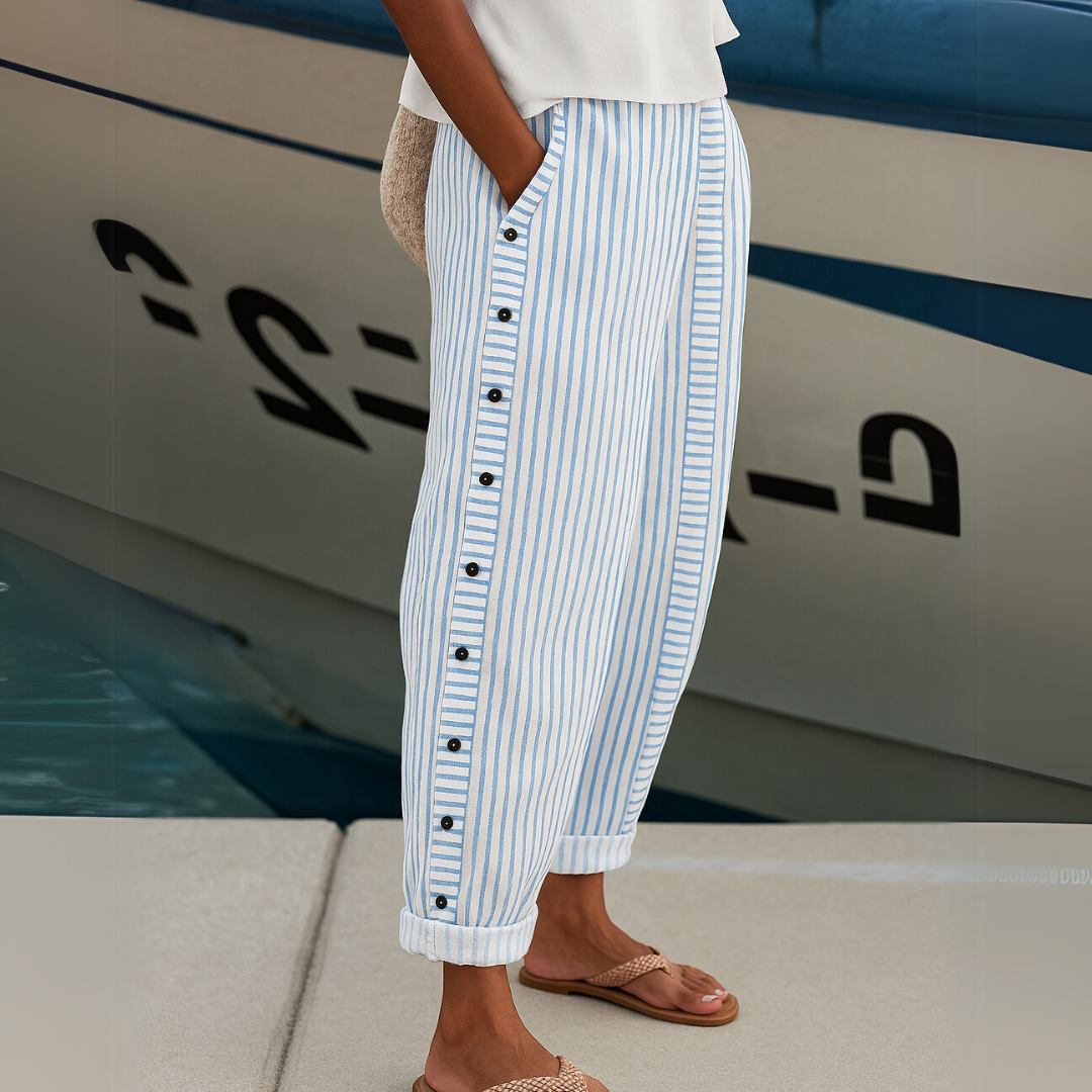 Vertical Striped Button-Front Pants with High-Rise Waist and Tailored Fit