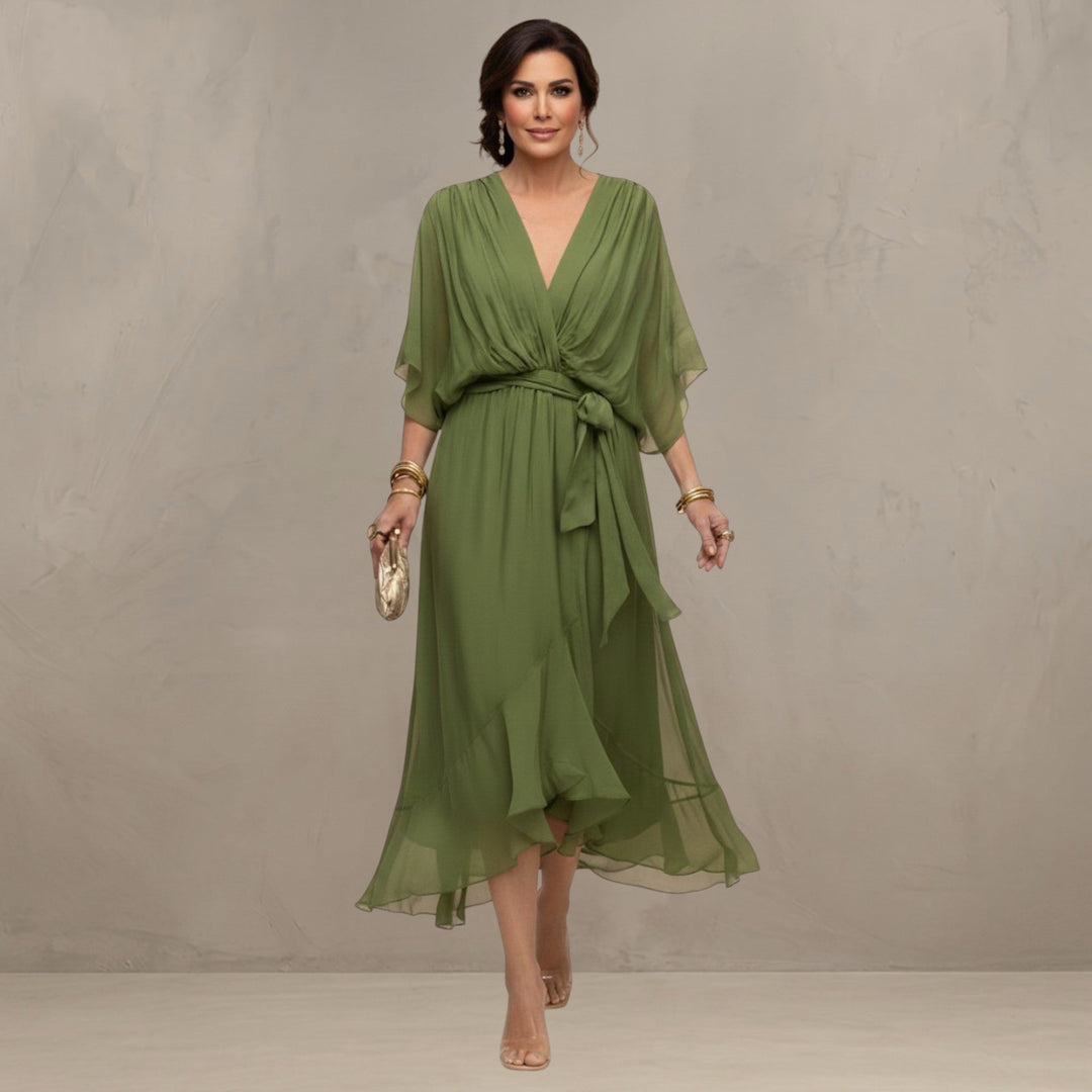 Chiffon Dress with V-Neckline and Flowing Silhouette
