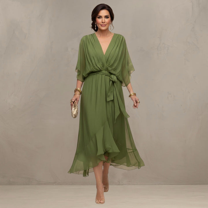 Chiffon Dress with V-Neckline and Flowing Silhouette