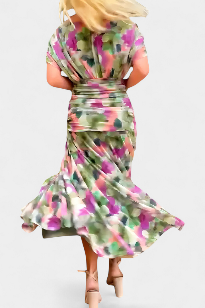 Long Floral Dress with V-Neckline and Pleated Waist Detail