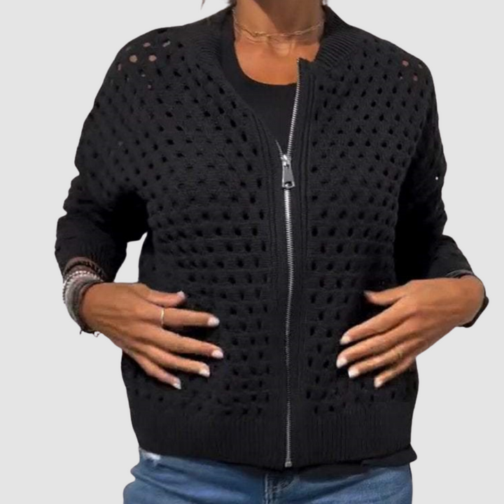Women's Hollow-Knit Cardigan with Full-Length Zipper and Relaxed Fit