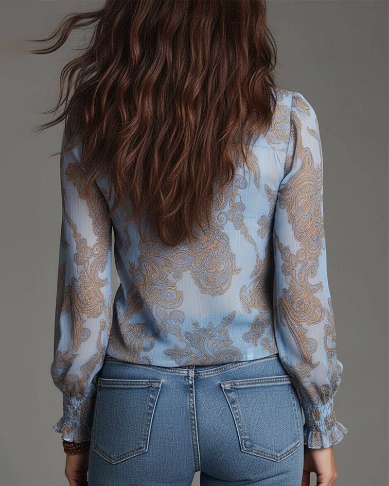 Printed Cotton Blend Blouse with Ruffle Sleeves and Demi-Zip V-Neck