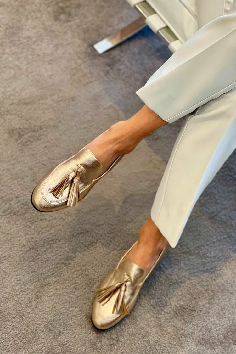 Metallic Gold Slip-On Loafer with Tassel Embellishment