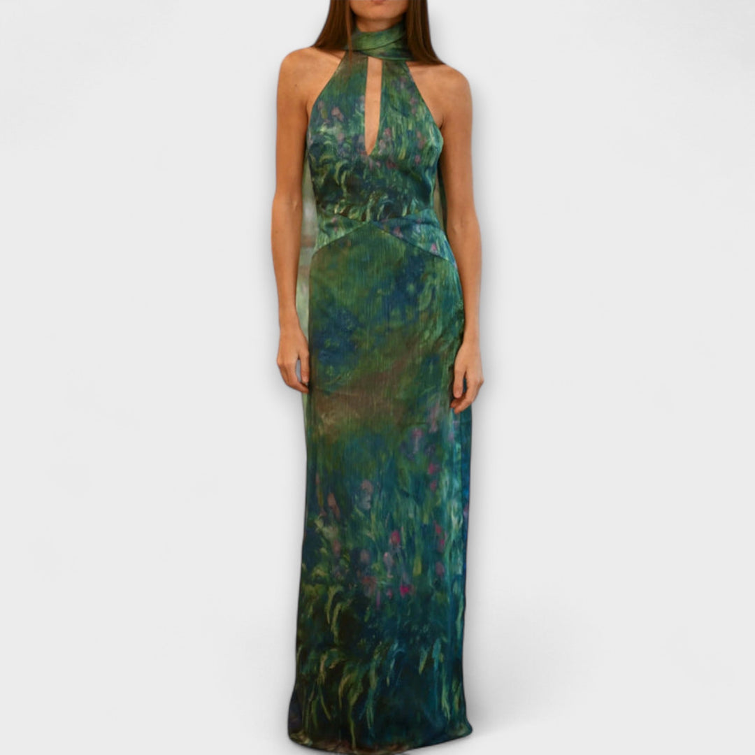 Iris Watercolor Maxi Dress with Keyhole Neckline and Matching Scarf