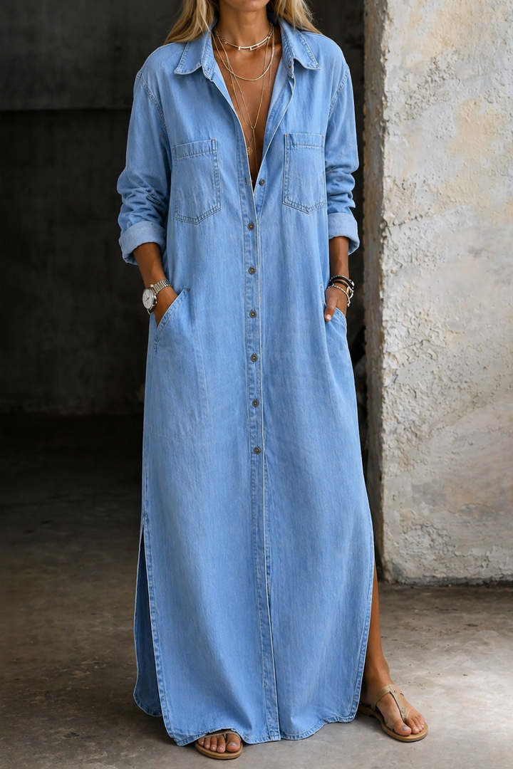 Button Down Dress with Chest Detail and Relaxed Silhouette