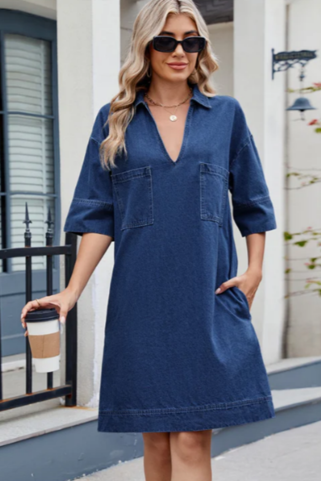 Denim Shirt Dress with V-Neckline and Side Pockets